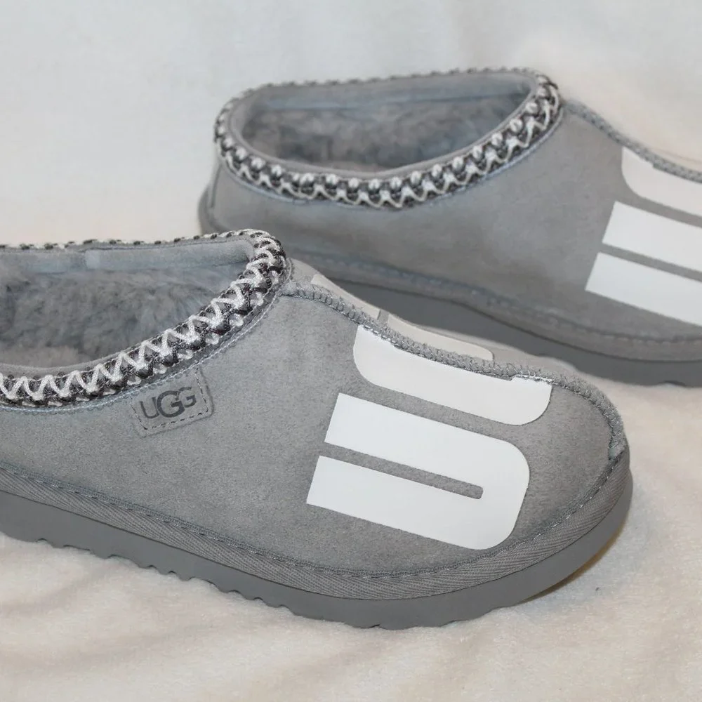 NIB UGG MEN'S TASMAN LOGO SUEDE SHEARLING SLIP ON SLIPPERS GRAY‎
